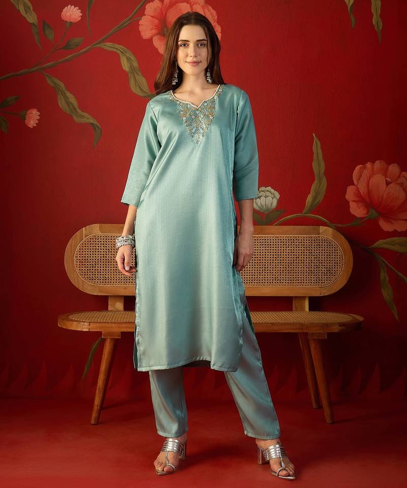 Sky blue roman silk partywear readymade suit