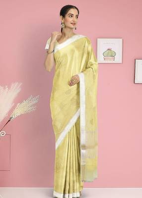 Crayola yellow & ivory banarasi semi dupion saree with running blouse 4