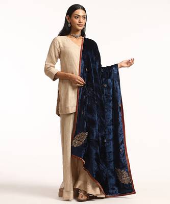 Navy blue hand embroidered pure velvet doshala 1