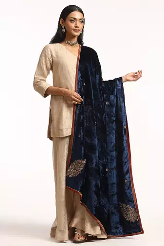 Navy blue hand embroidered pure velvet doshala