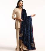 Navy blue hand embroidered pure velvet doshala