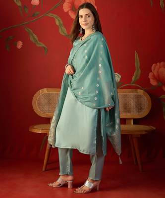 Sky blue roman silk partywear readymade suit 5