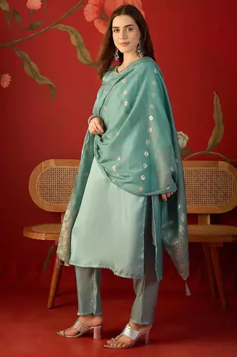 Sky blue color roman silk fabric beautiful partywear readymade suit