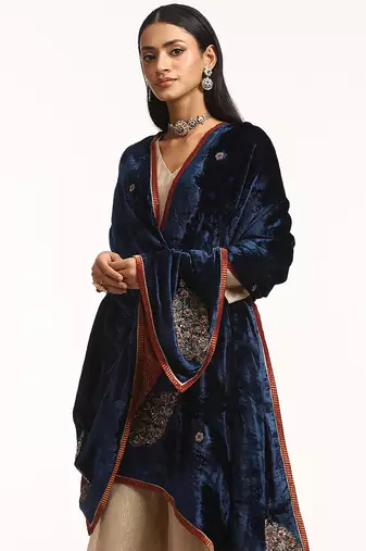 Navy blue hand embroidered pure velvet doshala