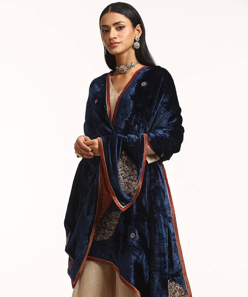 Navy blue hand embroidered pure velvet doshala