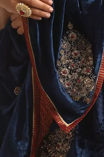 Navy blue hand embroidered pure velvet doshala