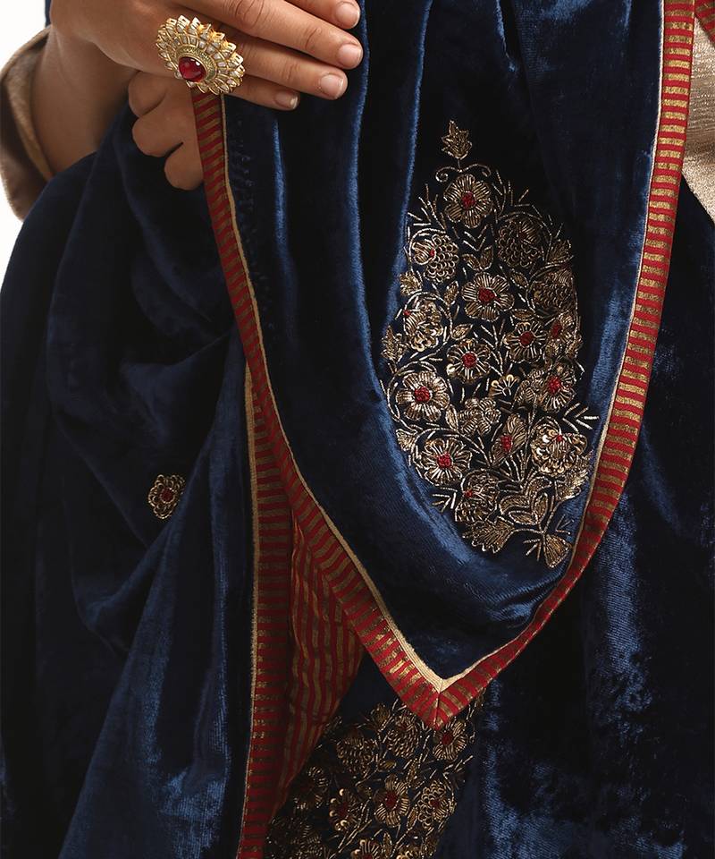 Navy blue hand embroidered pure velvet doshala