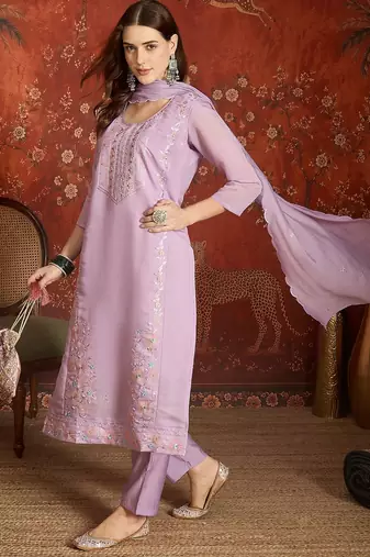 Lavender color mul chanderi fabric beautiful partywear readymade suit