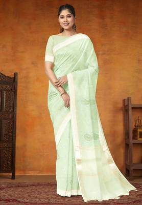 Celadon mist (green) & ivory banarasi semi dupion saree with running blouse 1