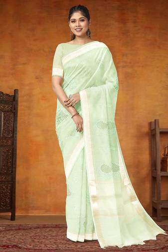 Celadon mist (green) & ivory banarasi semi dupion saree with running blouse