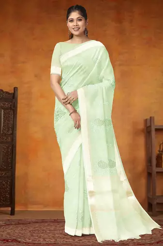 Celadon mist (green) & ivory banarasi semi dupion saree with running blouse