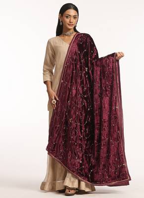 Maroon hand embroidered pure velvet doshala 1