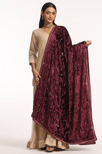 Maroon hand embroidered pure velvet doshala