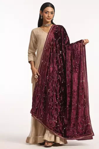 Maroon hand embroidered pure velvet doshala