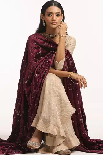 Maroon hand embroidered pure velvet doshala