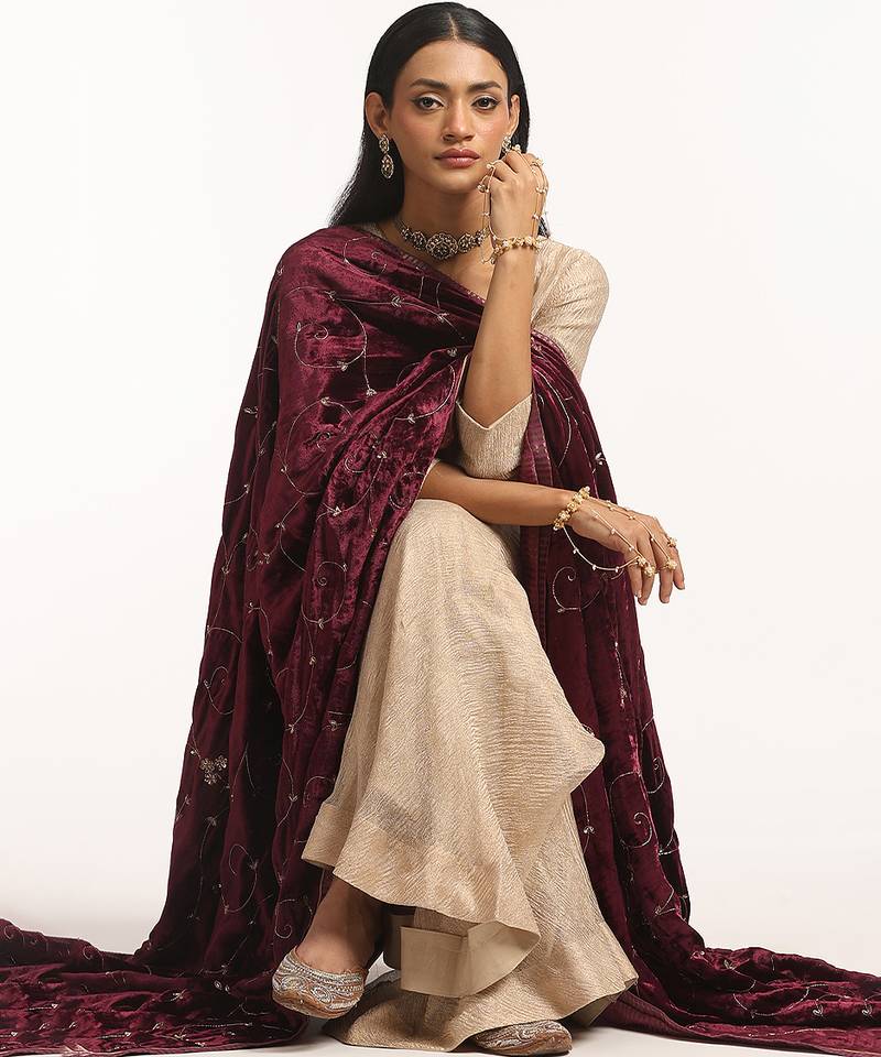 Maroon hand embroidered pure velvet doshala