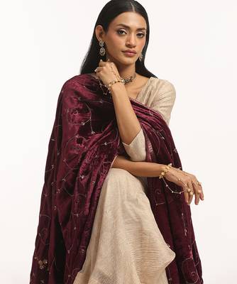 Maroon hand embroidered pure velvet doshala 3