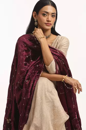 Maroon hand embroidered pure velvet doshala