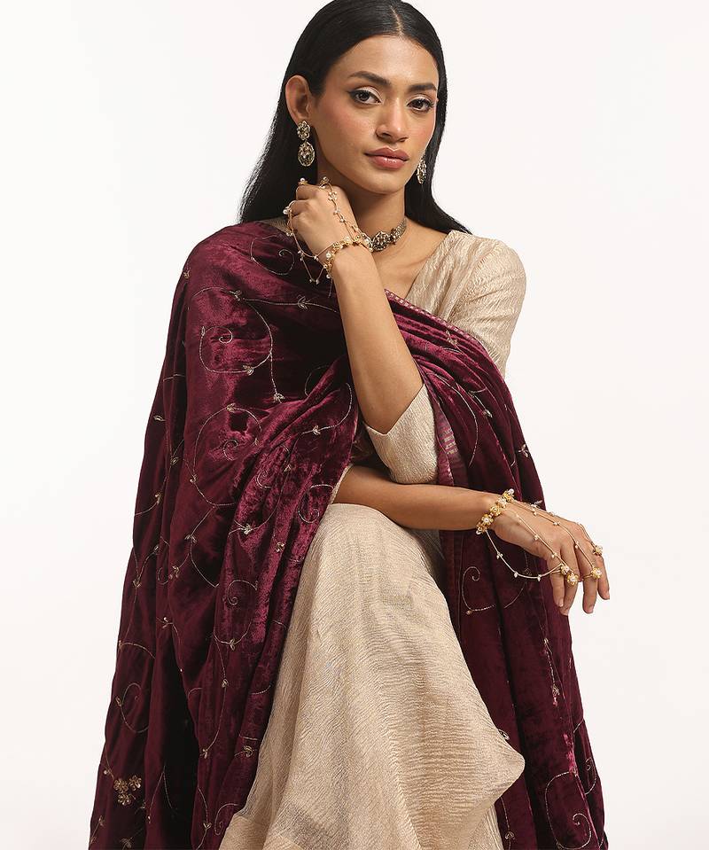 Maroon hand embroidered pure velvet doshala
