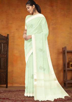 Celadon mist (green) & ivory banarasi semi dupion saree with running blouse 2
