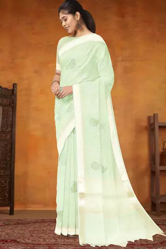 Celadon mist (green) & ivory banarasi semi dupion saree with running blouse
