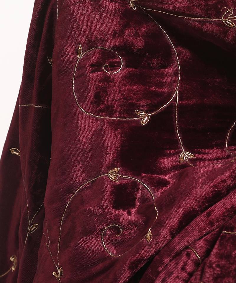 Maroon hand embroidered pure velvet doshala