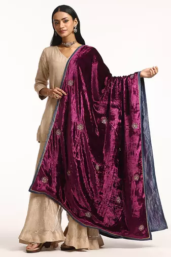 Wine hand embroidered velvet doshala