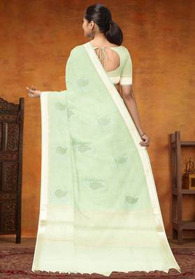 Celadon mist (green) & ivory banarasi semi dupion saree with running blouse 3