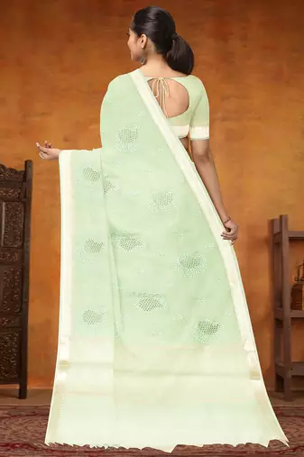 Celadon mist (green) & ivory banarasi semi dupion saree with running blouse
