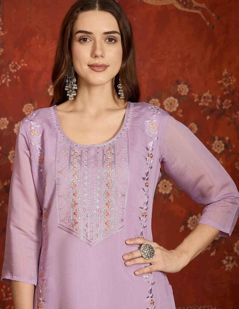 Lavender mul chanderi partywear readymade suit
