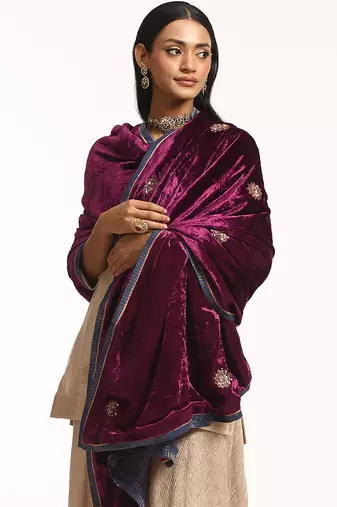 Wine hand embroidered velvet doshala