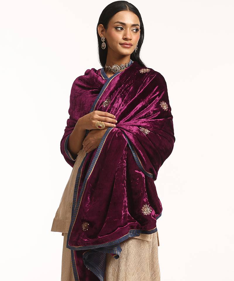 Wine hand embroidered velvet doshala