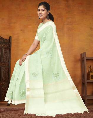Celadon mist (green) & ivory banarasi semi dupion saree with running blouse 4