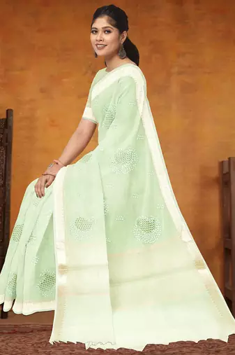 Celadon mist (green) & ivory banarasi semi dupion saree with running blouse