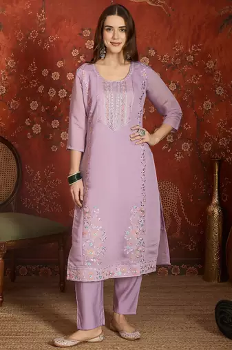 Lavender color mul chanderi fabric beautiful partywear readymade suit