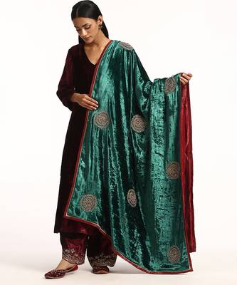 Teal green hand embroidered zardozi velvet doshala 1