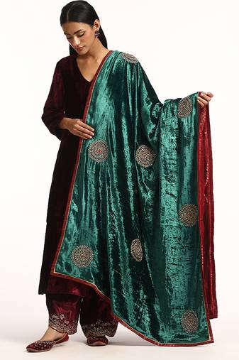 Teal green hand embroidered zardozi velvet doshala