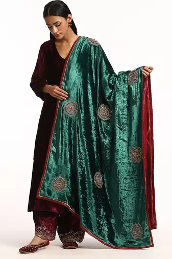 Teal green hand embroidered zardozi velvet doshala