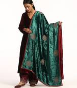 Teal green hand embroidered zardozi velvet doshala