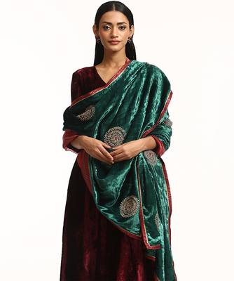 Teal green hand embroidered zardozi velvet doshala 2