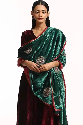 Teal green hand embroidered zardozi velvet doshala