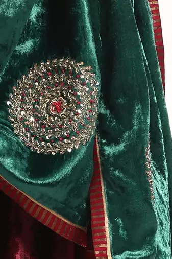 Teal green hand embroidered zardozi velvet doshala