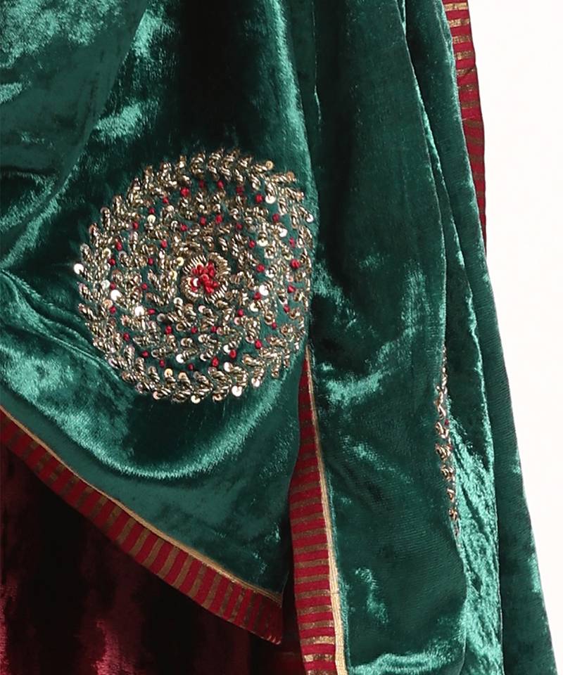 Teal green hand embroidered zardozi velvet doshala