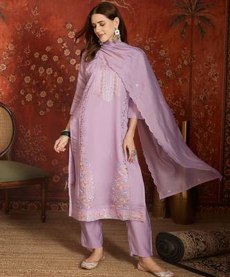 Lavender mul chanderi partywear readymade suit 5