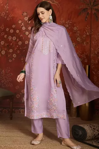 Lavender color mul chanderi fabric beautiful partywear readymade suit