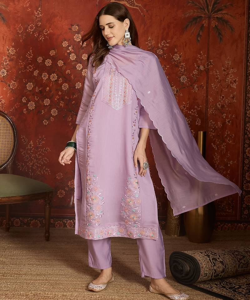 Lavender mul chanderi partywear readymade suit