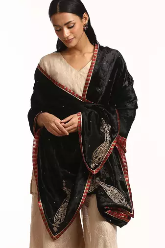 Black hand embroidered zardozi velvet doshala