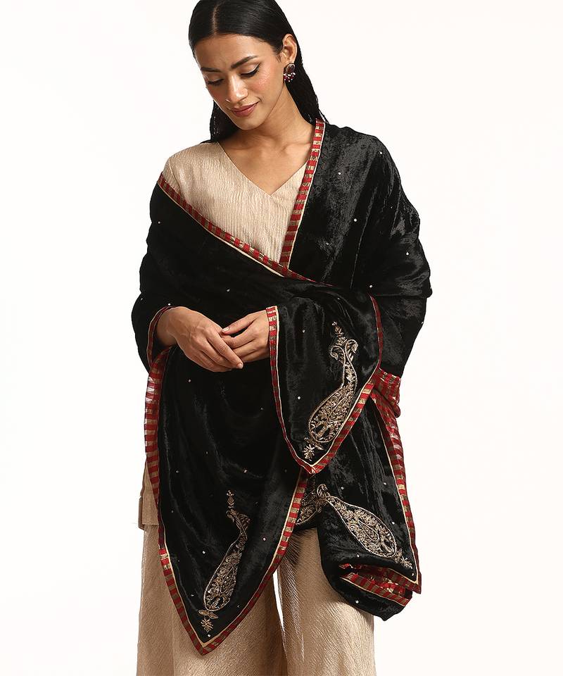 Black hand embroidered zardozi velvet doshala