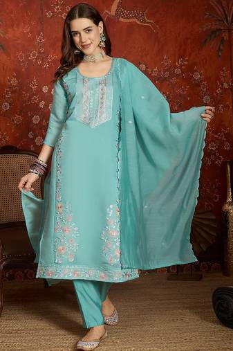 Sea green mul chanderi partywear readymade suit