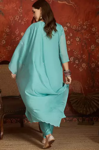 Sea green mul chanderi partywear readymade suit
